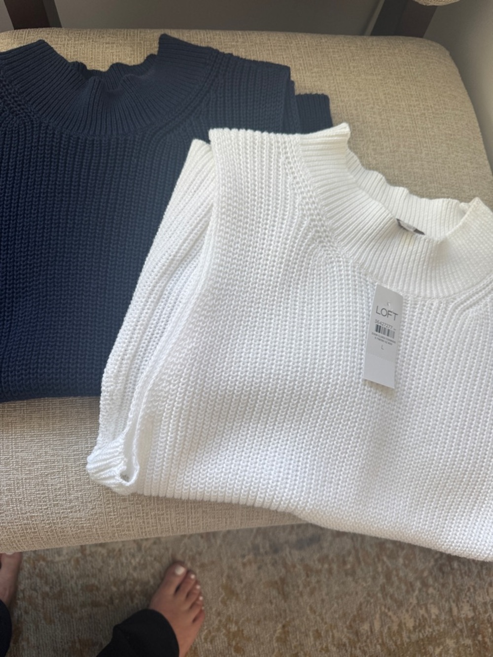 LOFT Women's Cowl & Turtleneck Ribbed Sweaters - Navy and White